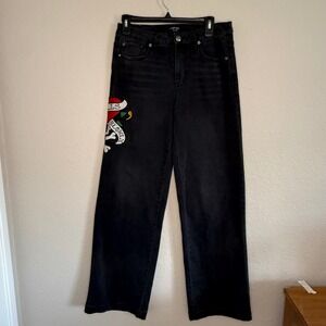 Ed Hardy Women 28 Black Wash Denim Wide Leg Embroidered Jeans Tattoo Graphic Y2K